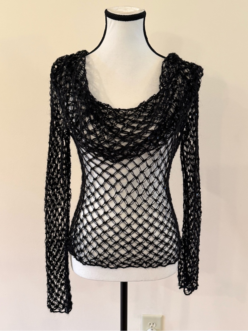 bebe Black Open-Weave Cowl Neck Sweater small